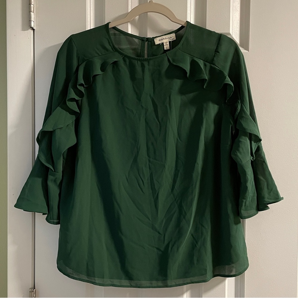 NWT Green Vintage-style Ruffled Layered Blouse, Size L
